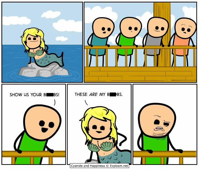 Comic strip from Cyanide & Happiness depicting a humorous dark take on society with a mermaid and ship passengers.