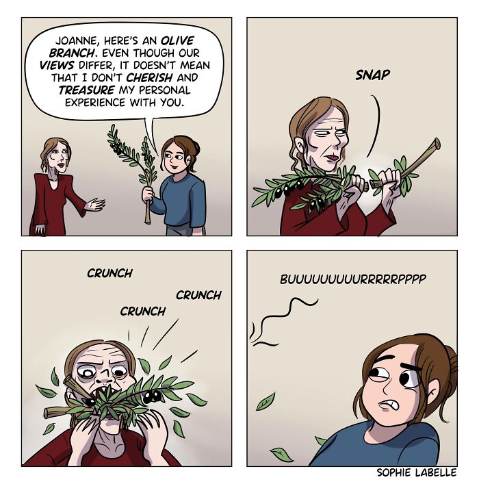 Comic by Sophie Labelle showing two characters with a broken olive branch, highlighting LGBTQ+ topics and personal experience.
