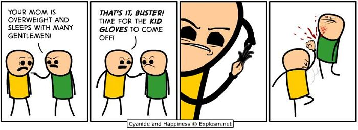 Two stick-figure characters from Cyanide & Happiness engage in a darkly humorous comic about society’s harsh insults.