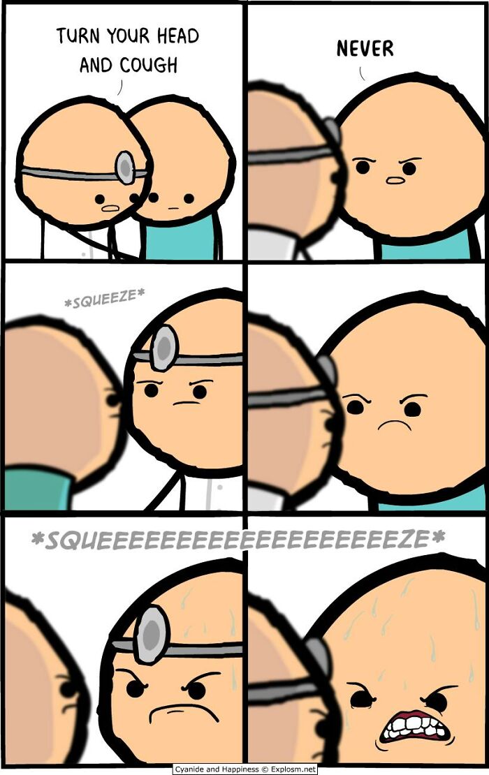 Dark comic by Cyanide & Happiness showing a doctor squeezing a patient’s face in a funny and exaggerated way.