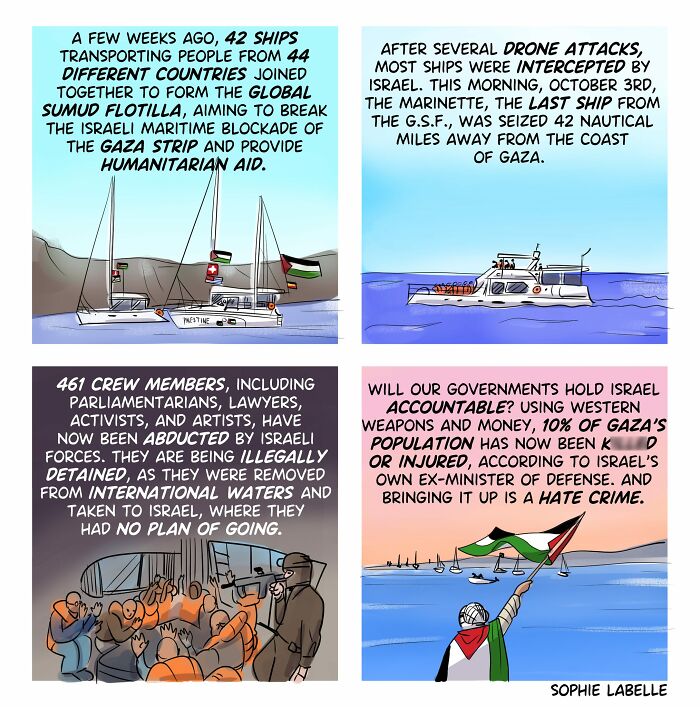 Comic panels depicting a maritime blockade and humanitarian issues, highlighting LGBTQ+ and social topics by Sophie Labelle.