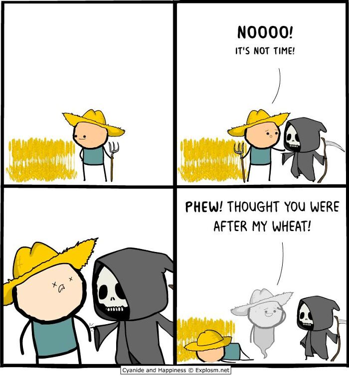 Farmer confronts grim reaper in dark comic panel, highlighting dark humor from Cyanide & Happiness about today’s society.