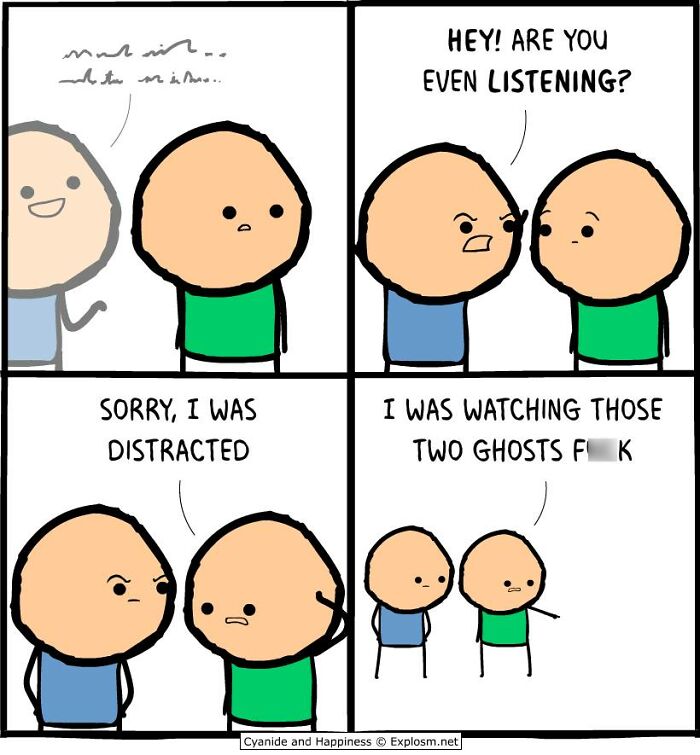 Two characters in a Cyanide and Happiness comic discussing distraction with humor in a dark society comic style.