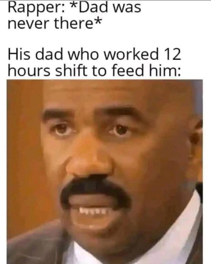 Man with serious facial expression reacting to sarcastic rapper comment about absent dad in relatable meme about collective brain cell.