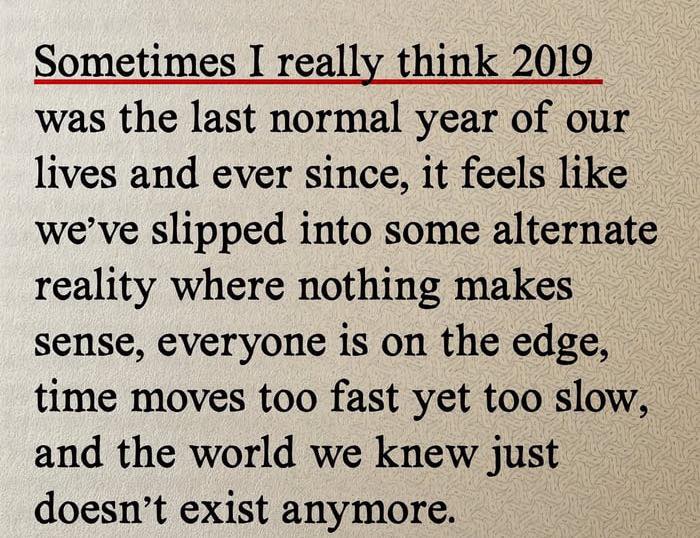 Text post reflecting on 2019 as the last normal year, highlighting sarcasm and shared collective brain cell humor.