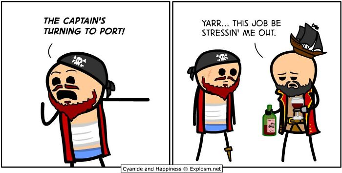 Dark comedy comic strip by Cyanide & Happiness showing stressed pirates in a humorous take on today's society.