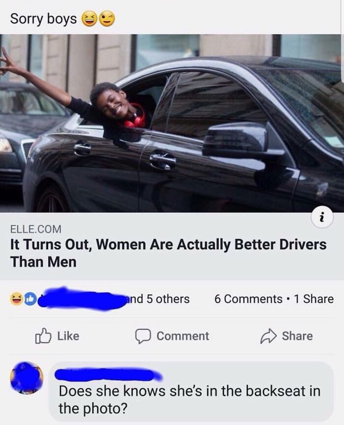 Woman smiling and leaning out of car window with sarcastic caption about better women drivers and funny comments online.