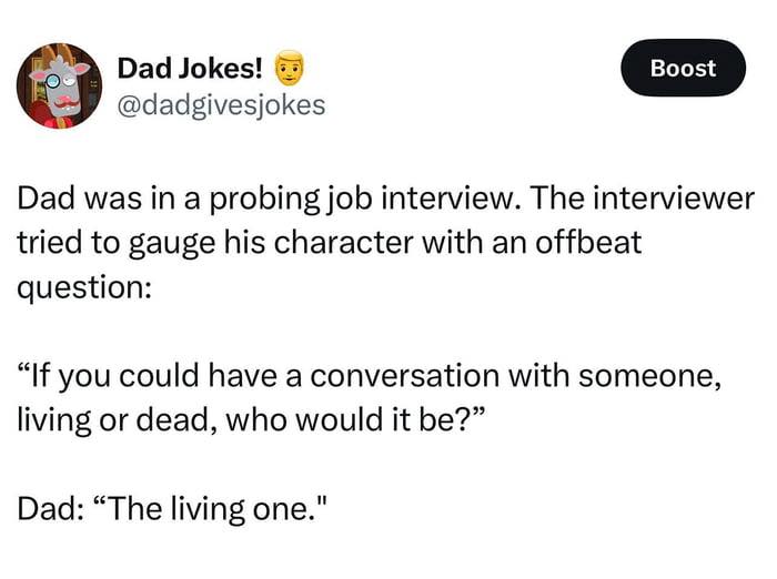 Dad joke tweet featuring sarcasm with a funny job interview question and witty response about conversation choices.