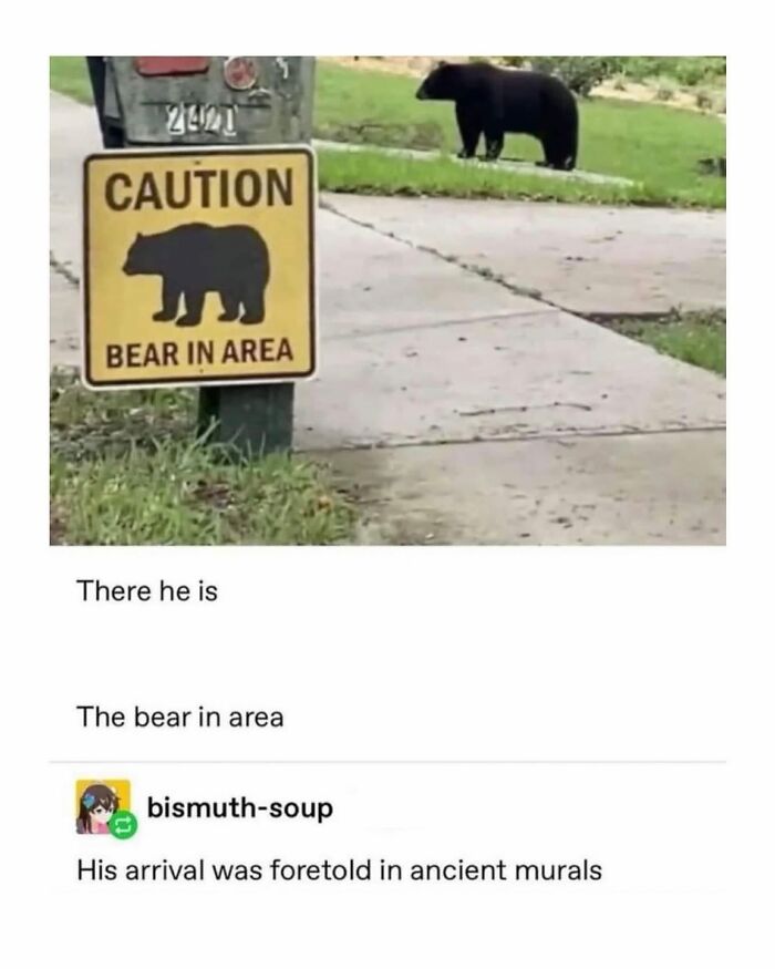 Bear meme showing caution sign with real bear in background, a funny movie meme highlighting bear in area.
