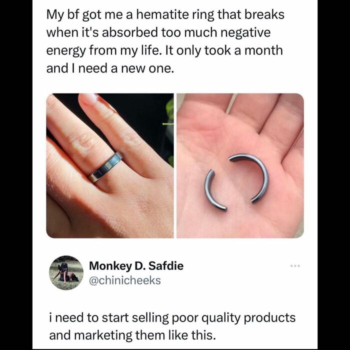 Hematite ring breaks from negative energy humor post showcasing sarcasm and collective brain cell wit.