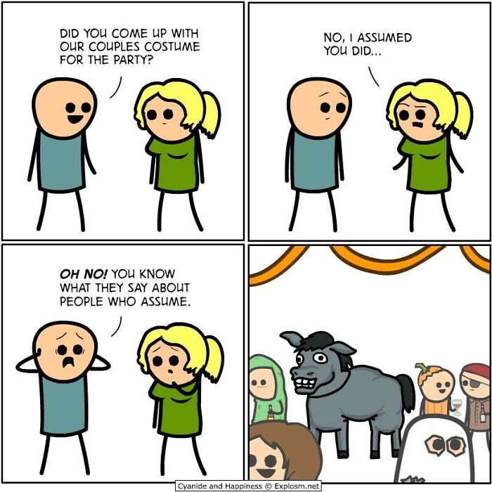 Hilariously dark comic about couples costume assumptions illustrating social humor by Cyanide & Happiness.