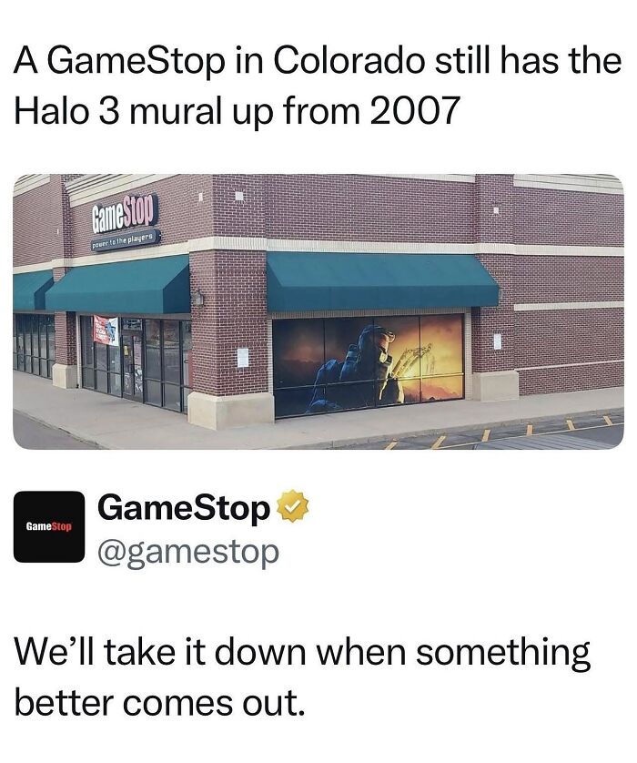 GameStop store with Halo 3 mural from 2007, featured in a collection of funny movie memes.