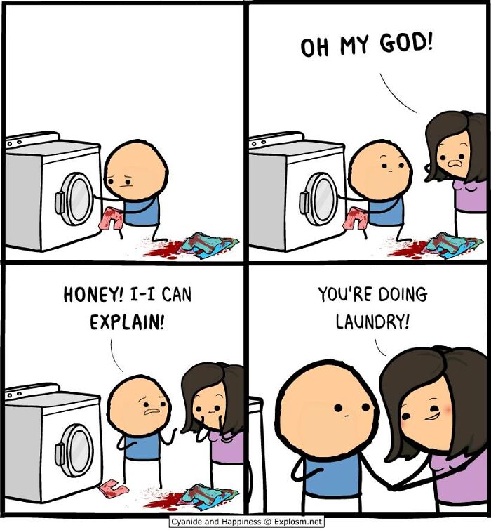 Dark comic by Cyanide & Happiness shows a couple reacting humorously to laundry stained with red spots in a washing machine.