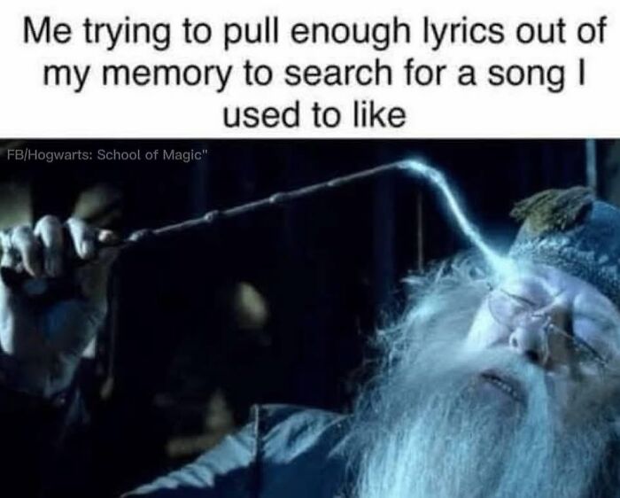 Wizard casting a spell with glowing wand representing movie memes about searching song lyrics from memory.