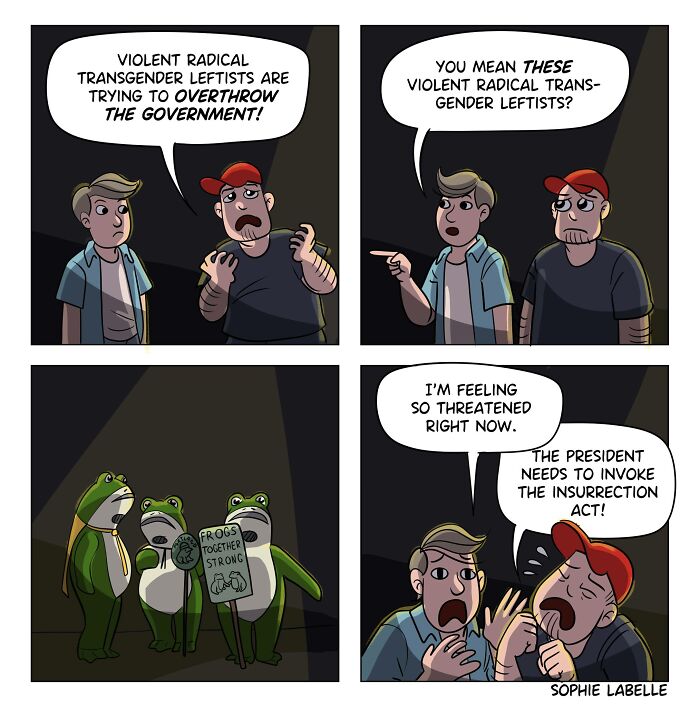 Comic panels by Sophie Labelle depicting a conversation about transgender leftists with frogs holding a protest sign.