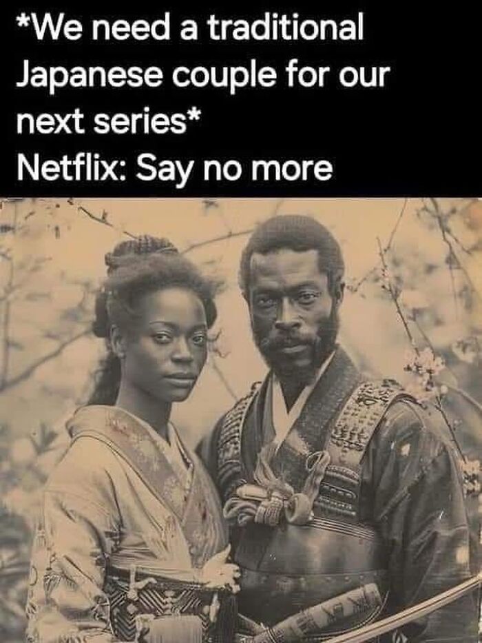 Black actors dressed in traditional Japanese samurai clothing in a humorous movie meme about cultural casting choices.
