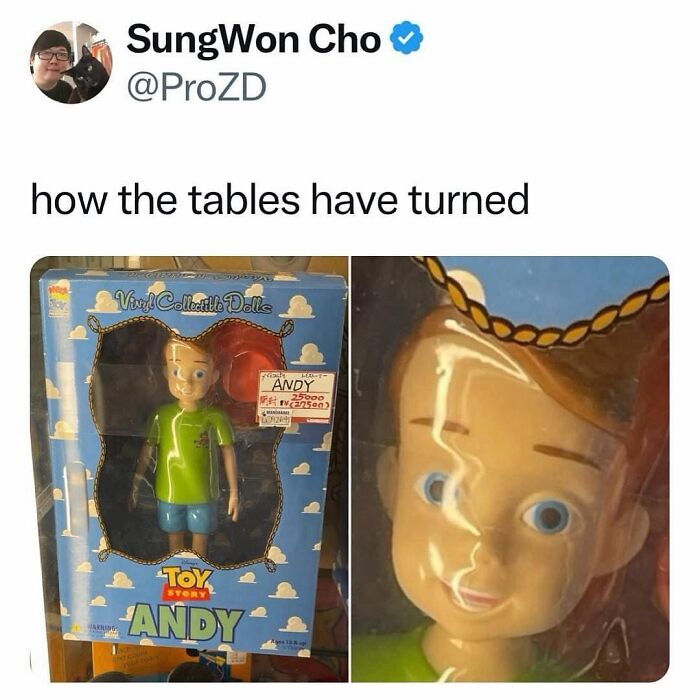 Toy story Andy collectible doll shown in packaging with humorous meme caption about movie memes.