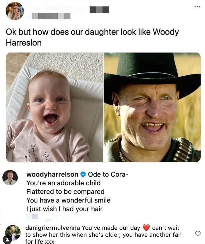Baby smiling next to Woody Harrelson character meme, a humorous movie meme from popular film scenes collection.