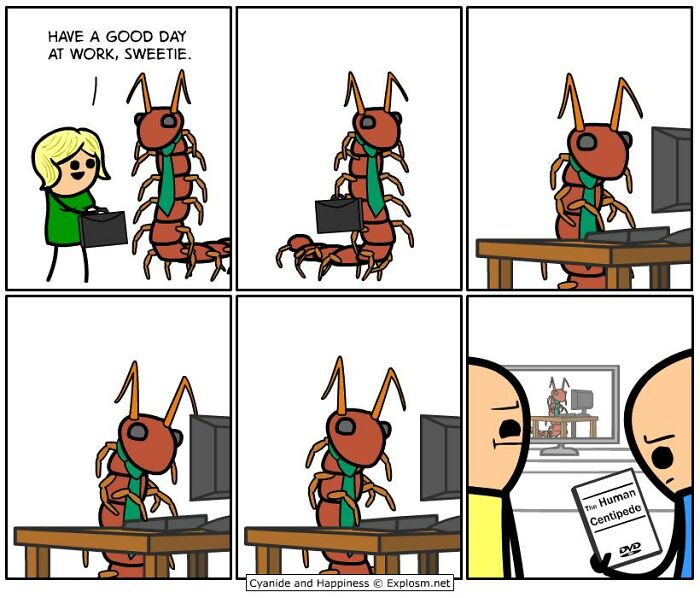 Comic showing an ant dressed for work becoming part of a human centipede at the office in a dark societal satire.