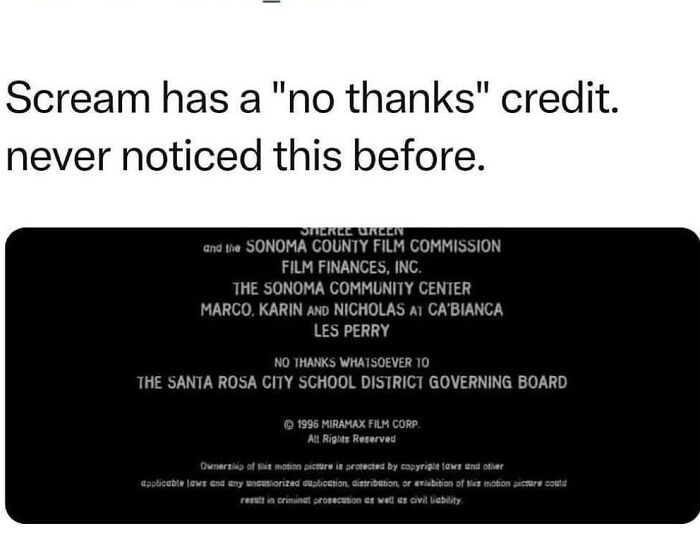 Alt text: Movie memes highlighting a funny no thanks credit in the Scream film end credits, showcasing unique movie humor.