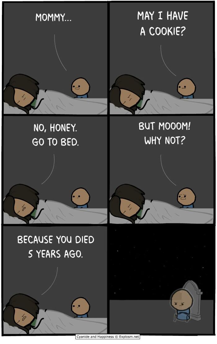 Dark comic by Cyanide & Happiness showing a child asking a deceased mother for a cookie in a haunting scene.