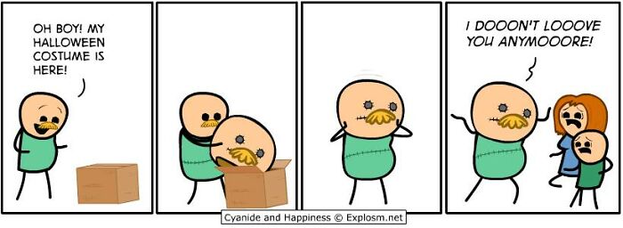 Comic strip from Cyanide & Happiness showing a Halloween costume prank with dark humor about today’s society.