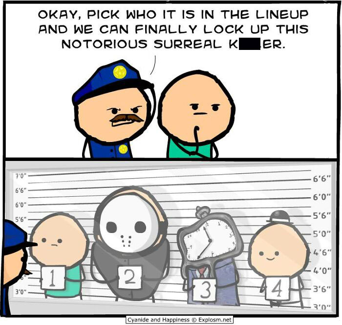 Dark comic by Cyanide & Happiness showing a police lineup with surreal characters and dark humor about today’s society.