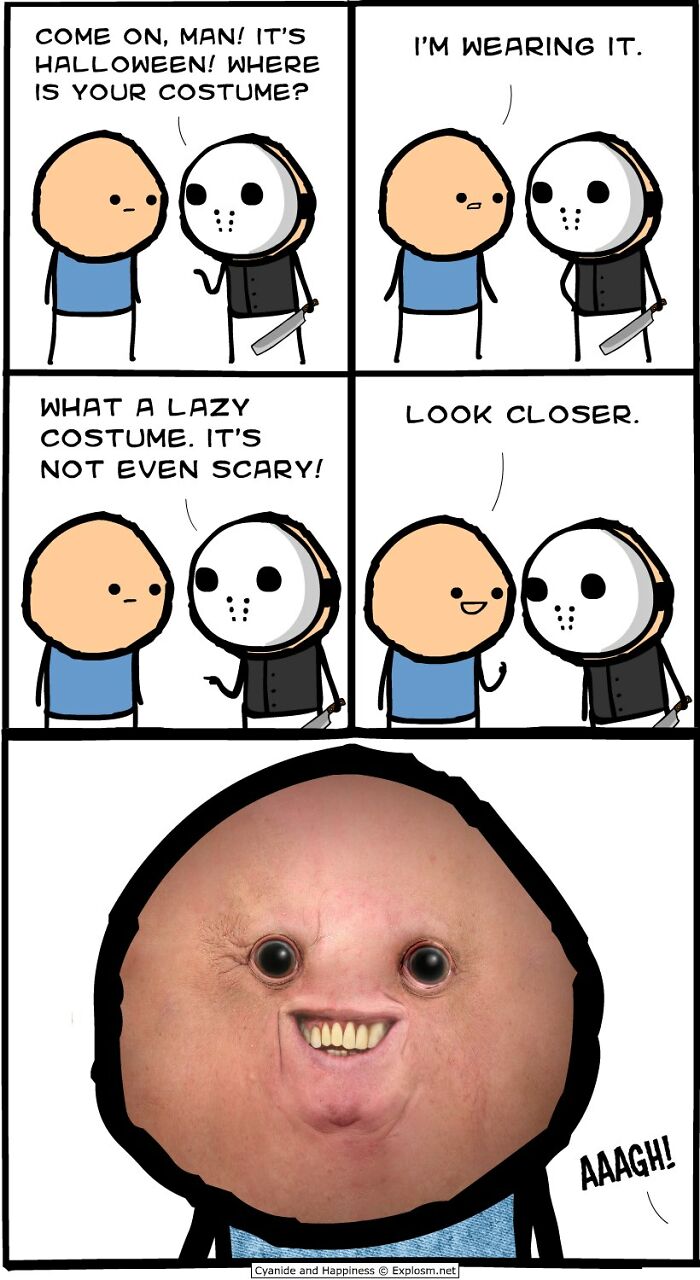Dark comic from Cyanide & Happiness showing a funny Halloween costume reveal with an unsettling face close-up.