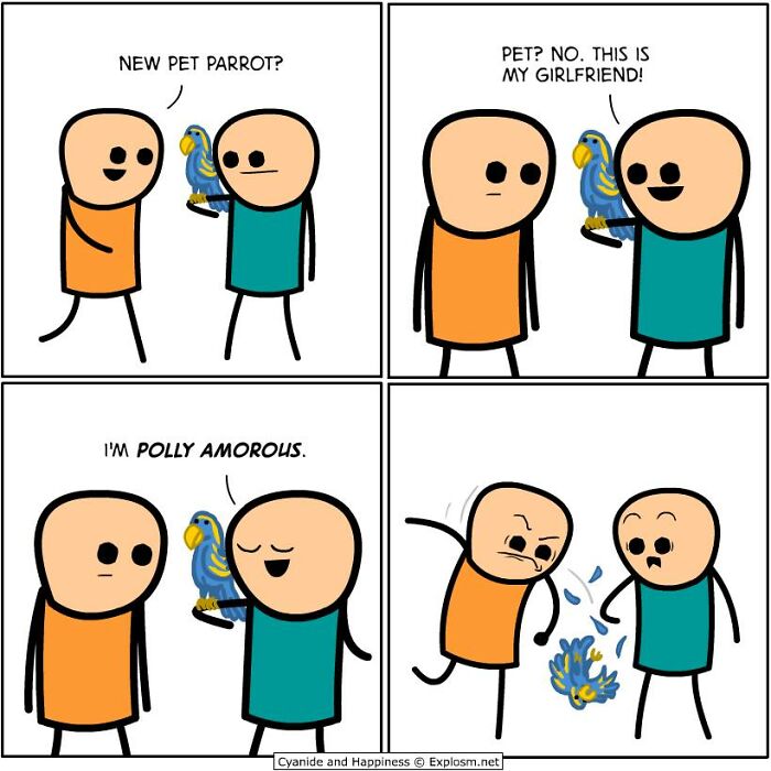 Comic from Cyanide Happiness showing dark humor about society through a joke with a pet parrot as a girlfriend.