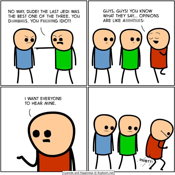 Four-panel Cyanide & Happiness comic depicting characters arguing and humorously illustrating opinions in today’s society.