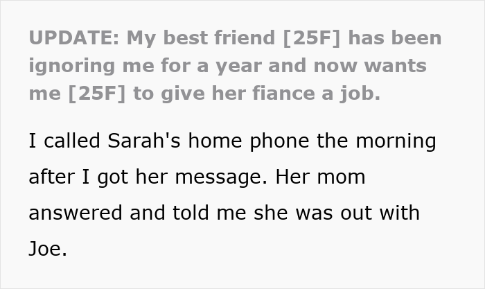 Text post about bestie ghosting writer after getting a boyfriend and later asking for help to break into Hollywood. Text post about bestie ghosting writer after getting a boyfriend and later asking for help to break into Hollywood.