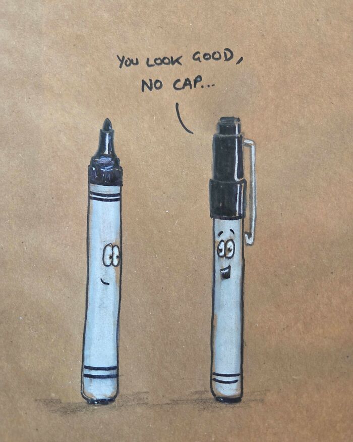 Cartoon dad joke drawing on lunch bag showing a marker and pen with faces and the pun no cap.