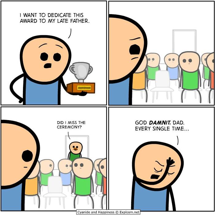 Comic scene from Cyanide and Happiness showing a man humorously dedicating an award to his late father in today's society.