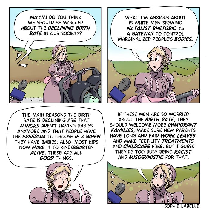 Comic panels by Sophie Labelle addressing LGBTQ+ topics, birth rate decline, immigrant families, and social justice issues.