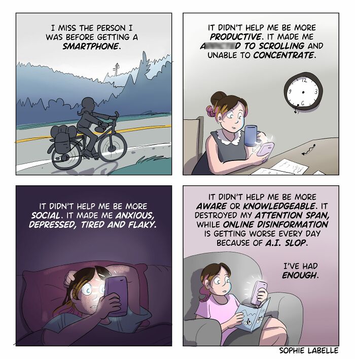 Four-panel comic by Sophie Labelle addressing smartphone impact on mental health, productivity, awareness, and online disinformation.