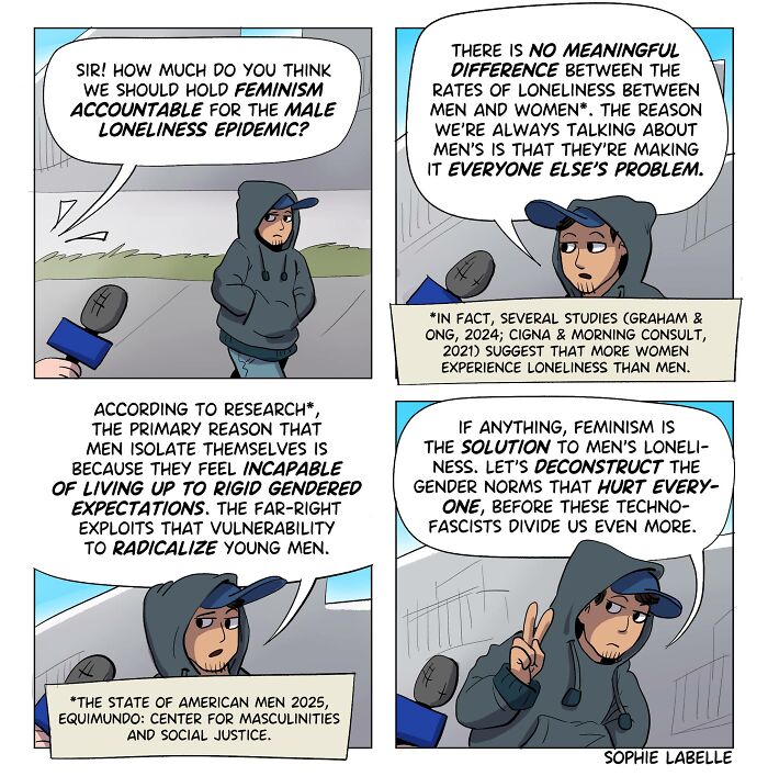 Comic panel by Sophie Labelle addressing male loneliness, feminism, and gender norms in discussions on LGBTQ+ topics.