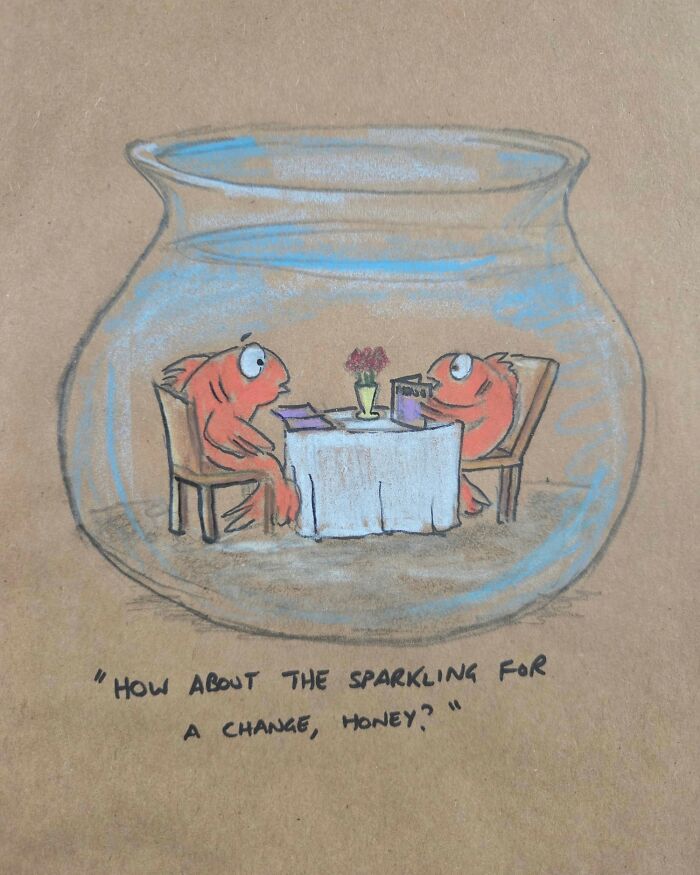Cartoon of two fish dining inside a fishbowl with a dad joke caption about sparkling water for lunch bag humor.