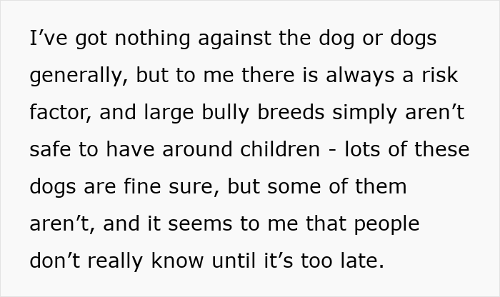 Text about new mom declining family vacation due to concerns about pit bull safety around her baby.