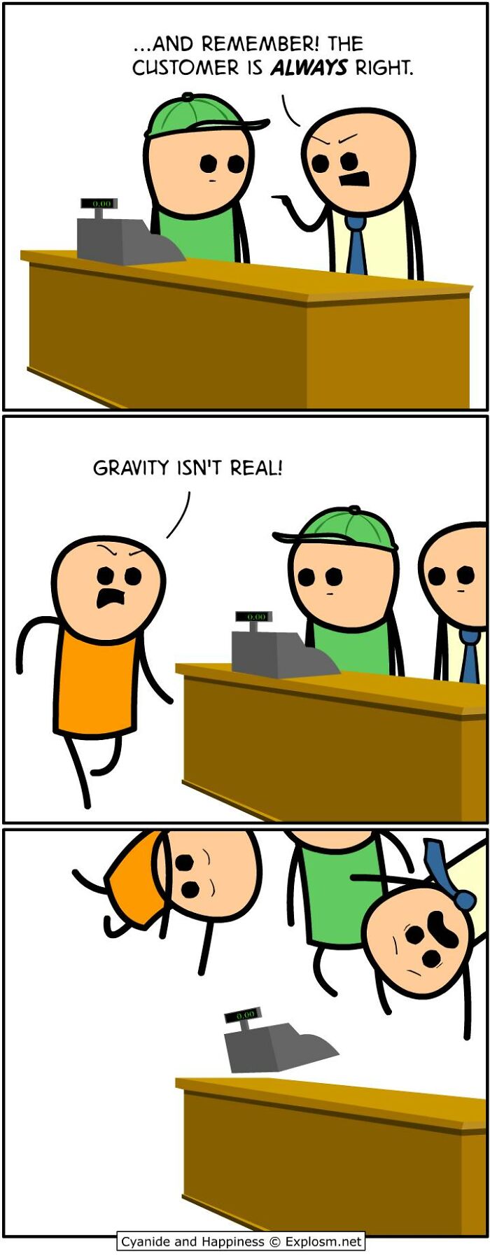 Dark comic strip by Cyanide & Happiness showing a customer defying gravity in a store setting with humor about society.