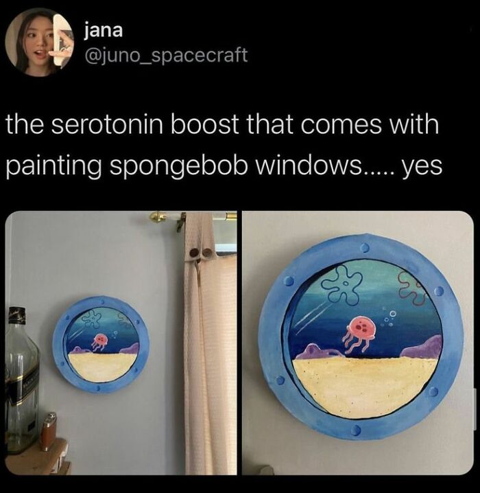 Cheerful meme showing a hand-painted Spongebob window art that boosts serotonin and brightens the mood.