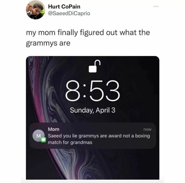 Text meme showing a humorous message about grammys, part of cheerful memes that don’t make you feel bad online.