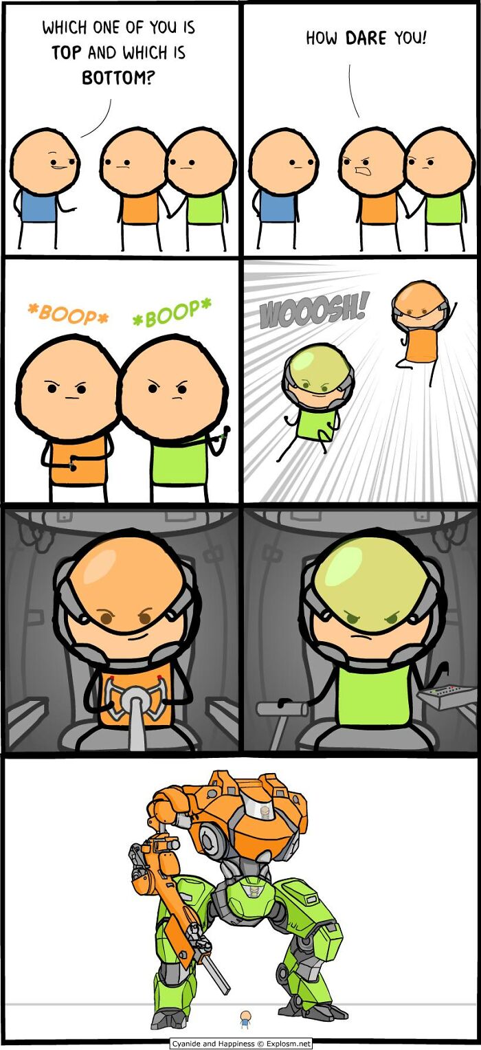 Comic from Cyanide and Happiness showing characters transforming into a giant mech suit in a dark society-themed comic.