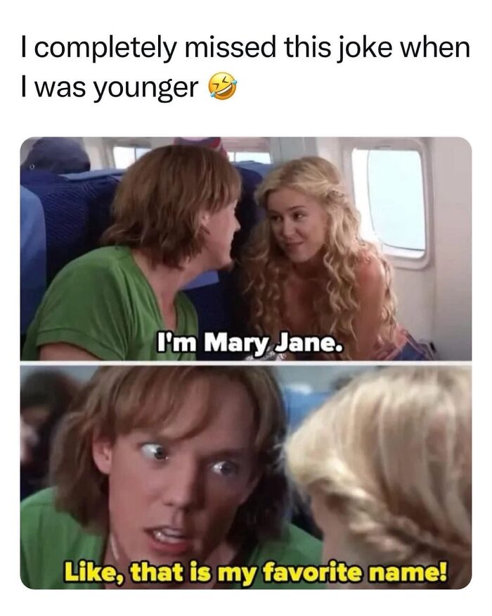 Movie meme showing a humorous scene with two characters on a plane referencing the name Mary Jane.