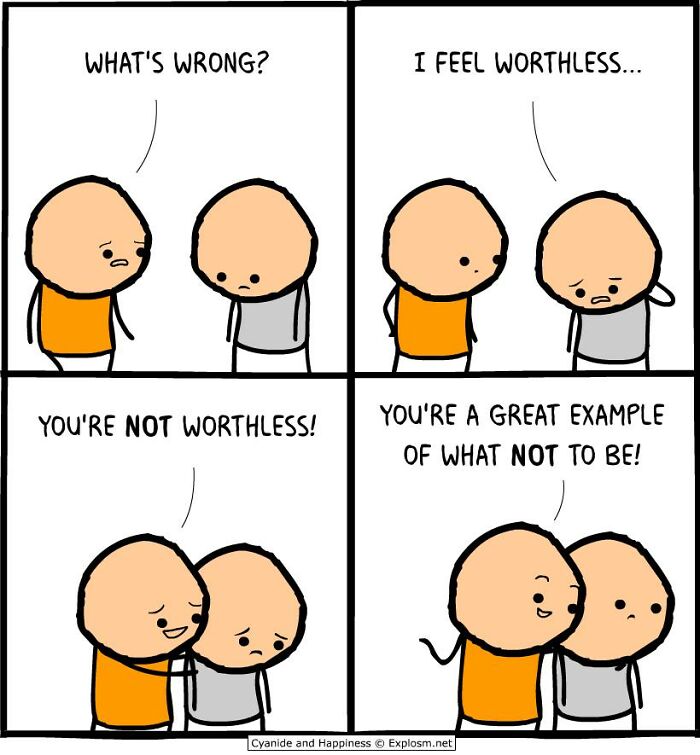 Two characters in a dark comic by Cyanide & Happiness discussing feelings of worthlessness in a humorous way.