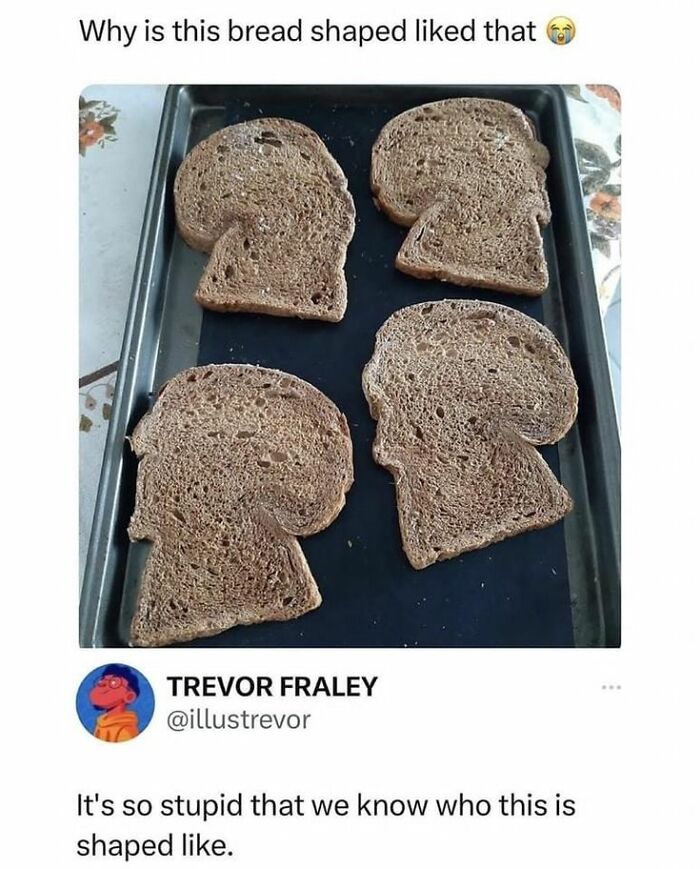 Slices of bread shaped like a familiar profile, featured in cheerful memes about wasting time online.