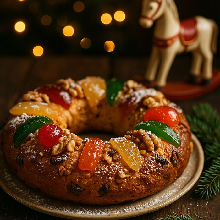 Traditional Christmas dessert wreath decorated with colorful candied fruits and walnuts on a festive wooden table.