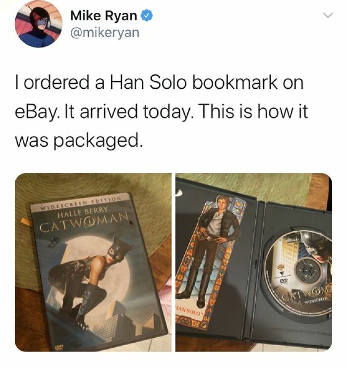 Tweet showing a funny meme about ordering a Han Solo bookmark online with creative packaging inside a Catwoman DVD case.