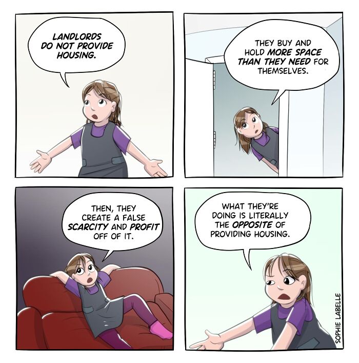 Comic by Sophie Labelle featuring a character discussing housing issues related to scarcity and profit in the LGBTQ+ community.