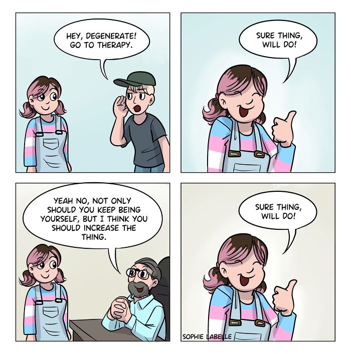 Comic strip by Sophie Labelle featuring a character in a transgender pride outfit discussing therapy and self-acceptance.