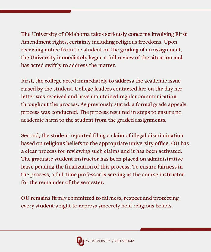 Statement from the University of Oklahoma addressing the trans instructor ousted after failing student on gender essay with Bible cite.